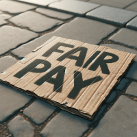 DALLE 2023 12 16 00.17.48 A photorealistic image of a single protest sign made of thin cardboard discarded on the ground. The words Fair Pay are handwritten in a simple un