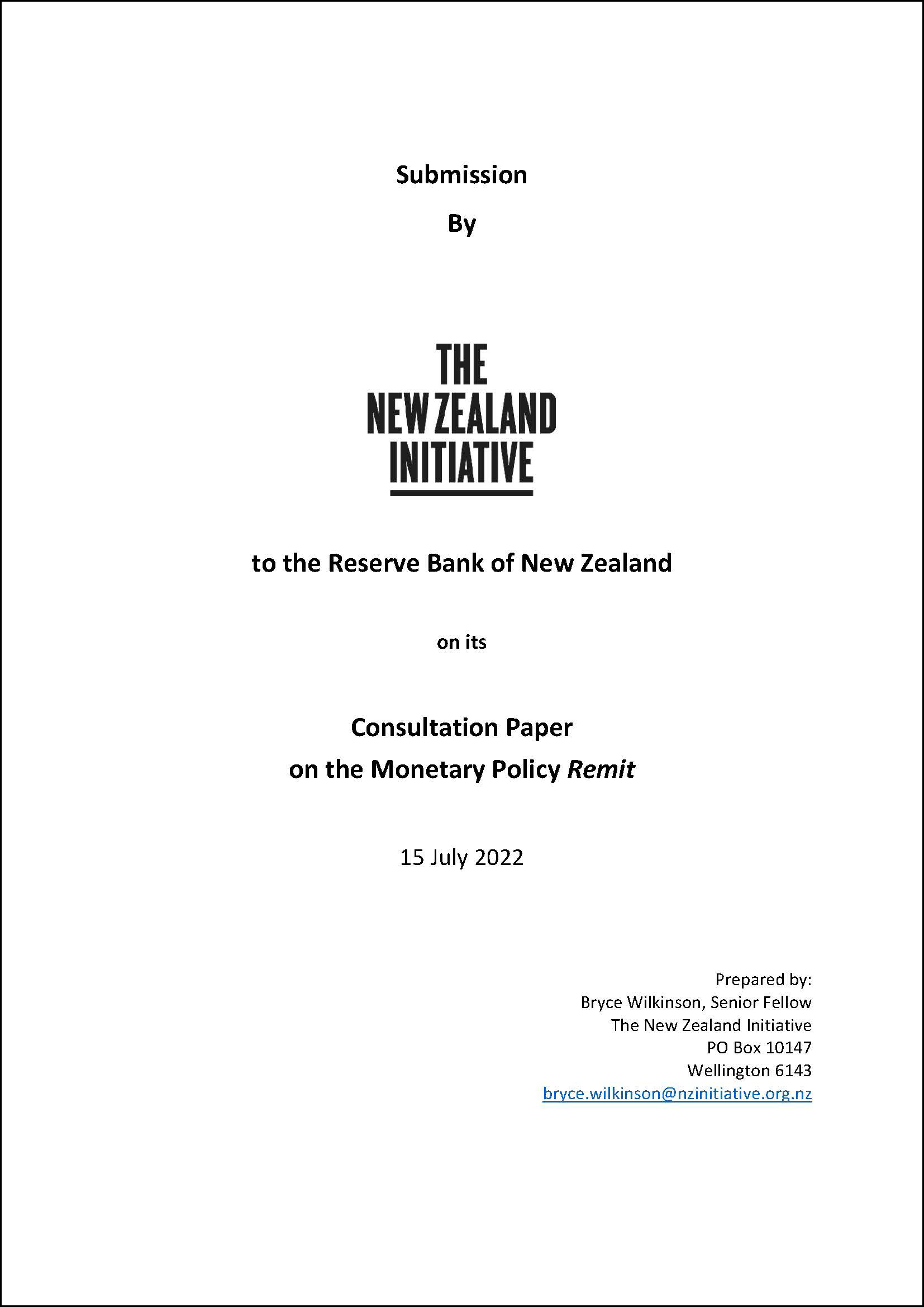 Submission on RBNZ Discussion Document Remit cover